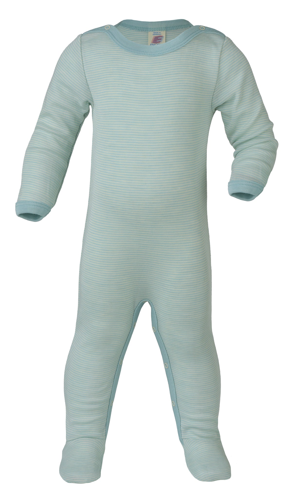 Babypyjama gestreift hellblau/natur aus Wolle/Seide von Engel Naturtextilien