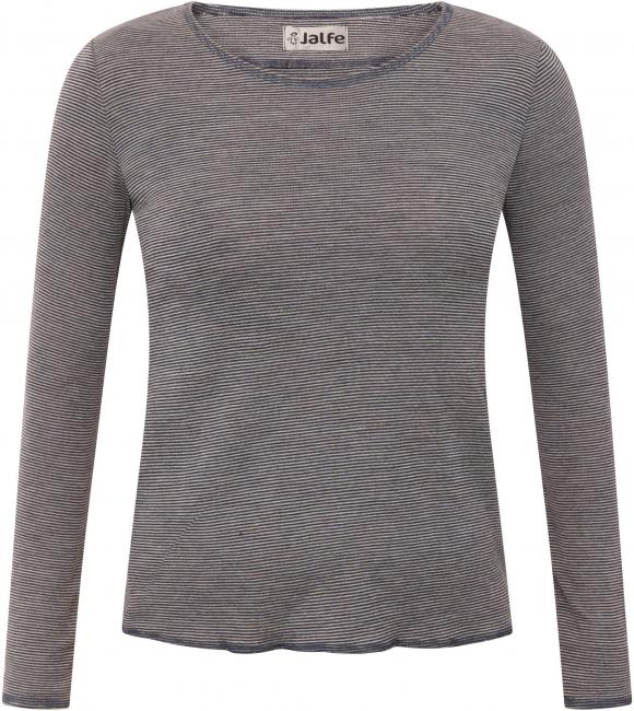 Wolle-Damenshirt Langarm fein gestreift Natur/Jeansblau von Jalfe