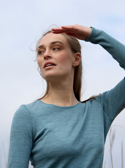 Wolle-Damenshirt Langarm  in Aqua Melange