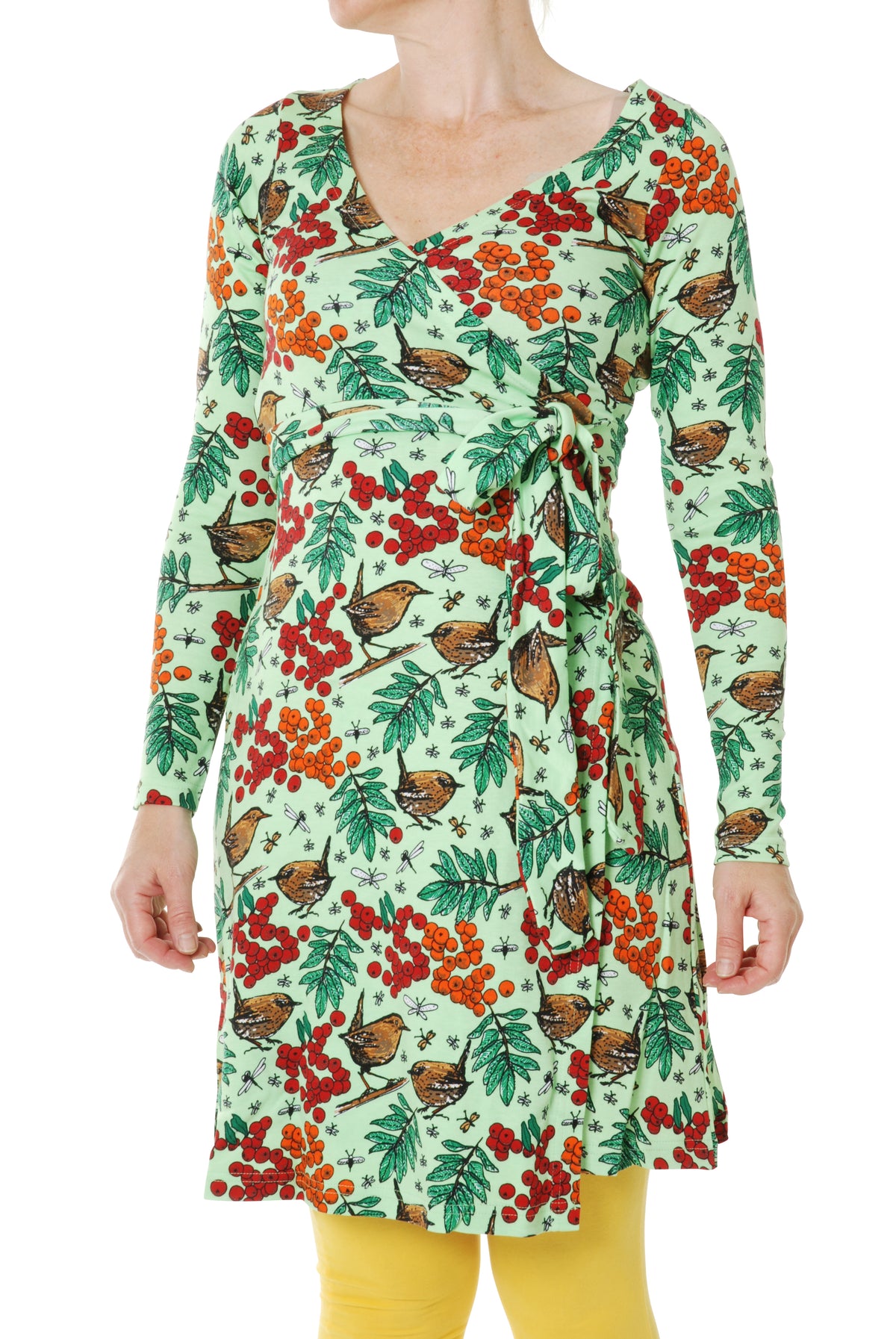 SALE -50%: Wickelkleid für Damen mit Vogelbeeren auf sanftem Grün von DUNS